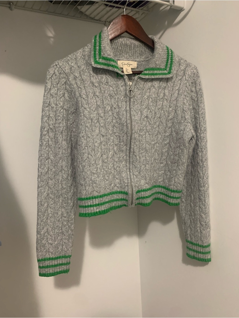 Jessica Simpson Gray Cable Knit Zip Cardigan with Green Trim